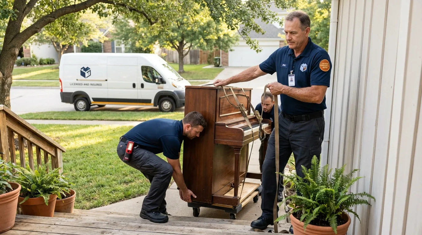 Licensed piano movers securing grand piano in Lake Oswego, OR