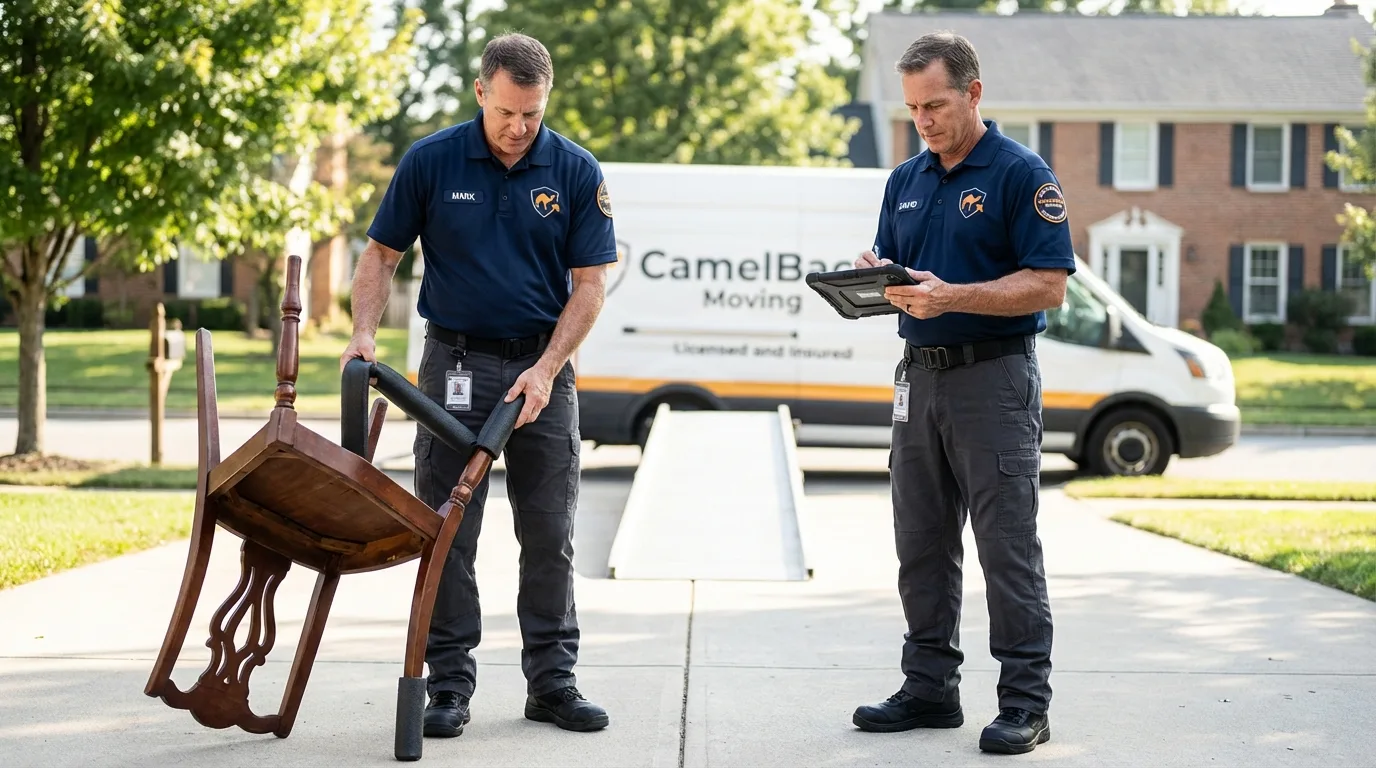 Movers inspecting furniture for damage prevention before loading in Lake Oswego, OR