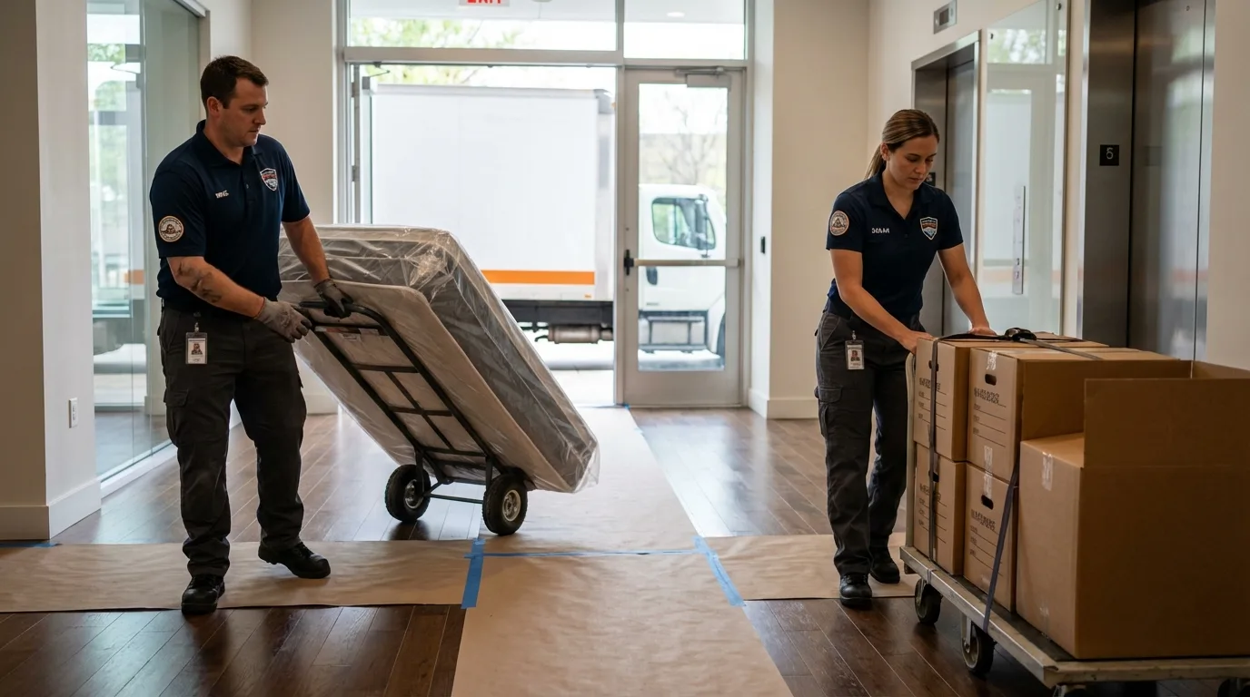 Professional apartment movers loading elevator in Lake Oswego, OR