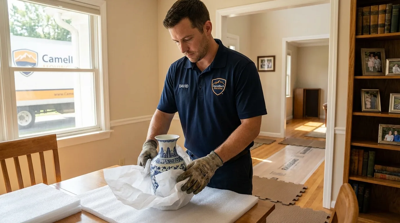 Professional crew carefully wrapping antique vase for senior downsizing move in Lake Oswego, OR